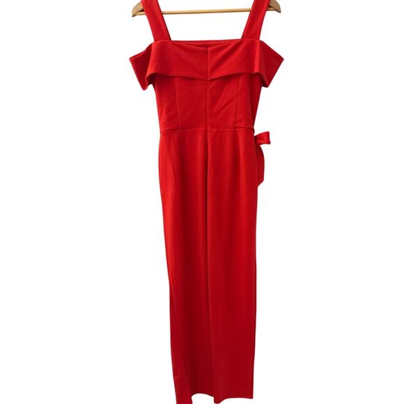Marina Cold Shoulder Faux Sarong Waist Tie Overlay Jumpsuit Red‎ Size 4 - Picture 8 of 10